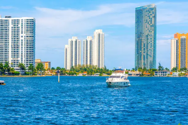 Sunny Isles intracoastal boating view with high-rises in Florida