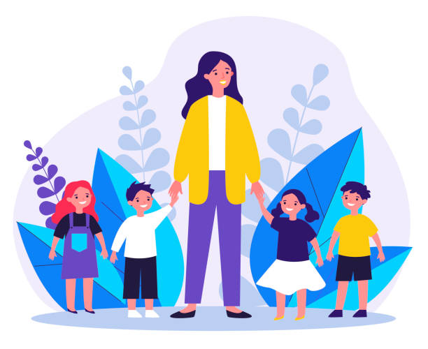 Kindergarten teacher walking with kids Kindergarten teacher walking with kids. Positive young woman leading happy kids by hands outdoors. Vector illustration for pedagogy, preschool, primary school, education concept parent guide stock illustrations