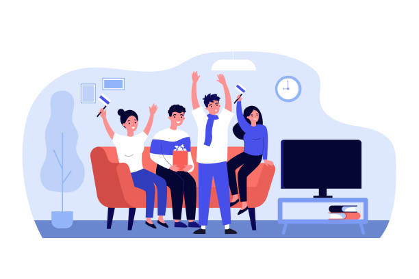 Football fans, championship, leisure at home concept Football fans, championship, leisure at home concept. Group of friends sitting on couch, watching soccer match on TV, supporting national team. Flat vector illustration men watching soccer game stock illustrations