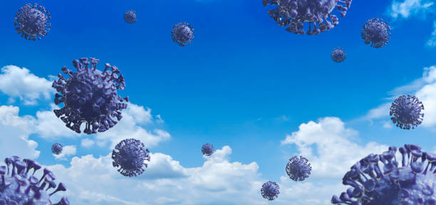 istock Coronavirus, COVID-19 flying in white clouds background with lettering word or copy space. Motion or falling from blue sky of Corona virus, flu virus, China virus, covid 19 in Illustration under health, infect, Medical, pandemic concept. 1226860624