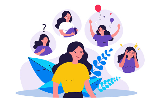 Woman suffering from mood changes. Female character feeling various emotions, celebrating, crying, getting distracted. Vector illustration for behavior disorder, stress, mental disease concept