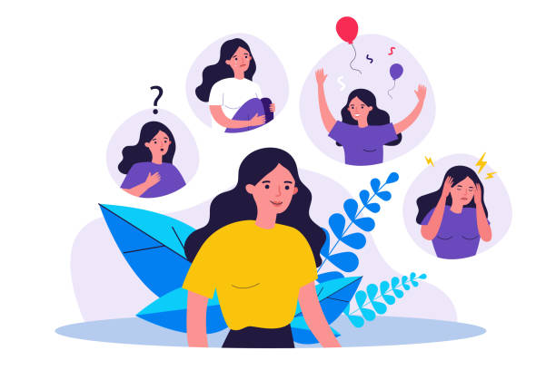 Woman suffering from mood changes Woman suffering from mood changes. Female character feeling various emotions, celebrating, crying, getting distracted. Vector illustration for behavior disorder, stress, mental disease concept sad woman thinking stock illustrations