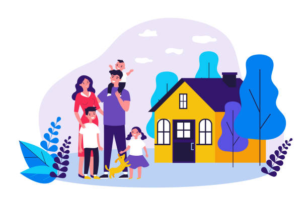 Happy family couple with kids and pet standing together Happy family couple with kids and pet standing together outside, in front of their house. Vector illustration for home, real estate, residential area concept lifestyles illustrations stock illustrations