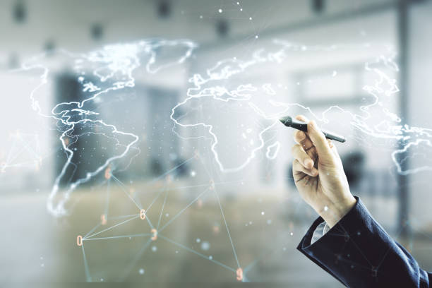 istock Multi exposure of man hand with pen working with abstract graphic world map on blurred office background, connection and communication concept 1226861736