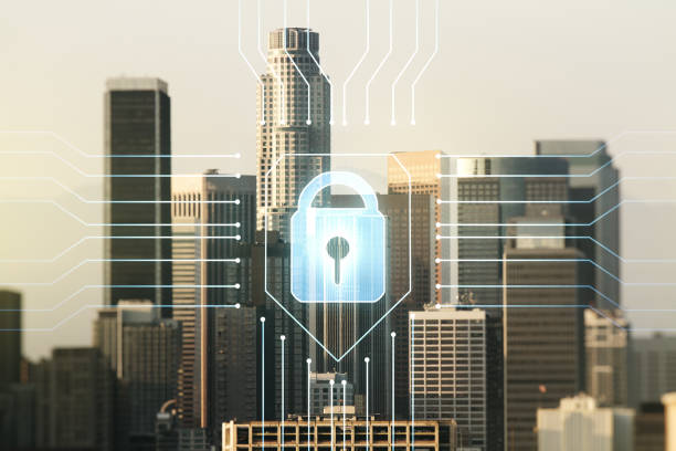 istock Virtual creative lock sketch with chip hologram on Los Angeles office buildings background, protection of personal data concept. Multiexposure 1226862444