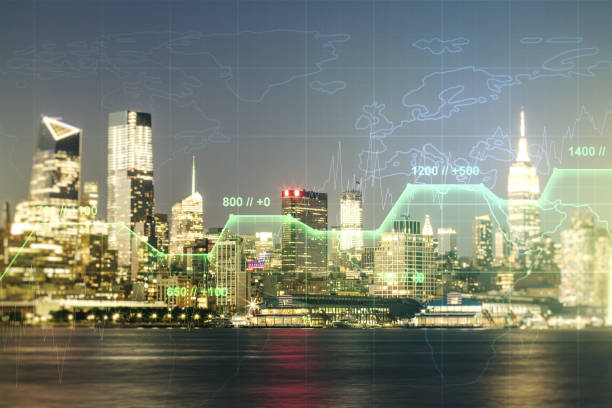 istock Multi exposure of stats data illustration on New York city skyline background, computing and analytics concept 1226862471