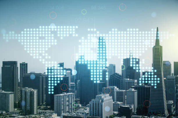 Abstract creative digital world map on San Francisco cityscape background, globalization concept. Multiexposure