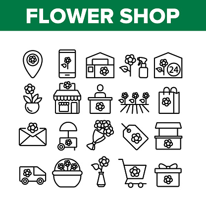 Flower Shop Boutique Collection Icons Set Vector. Flower Shop Delivery And Map Location, Bouquet And In Pot, Greenhouse And Garden Concept Linear Pictograms. Monochrome Contour Illustrations