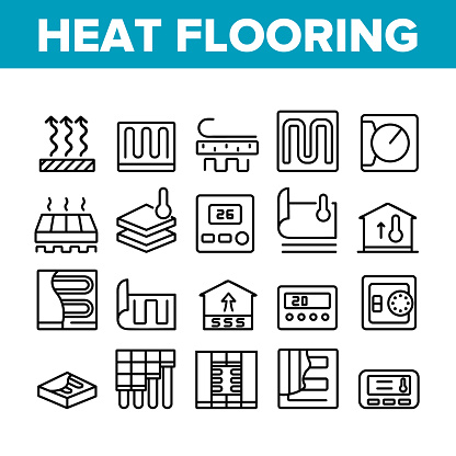 Heat Flooring Device Collection Icons Set Vector. Flooring Temperature Control Regulator And Equipment For Heating Room And House Concept Linear Pictograms. Monochrome Contour Illustrations