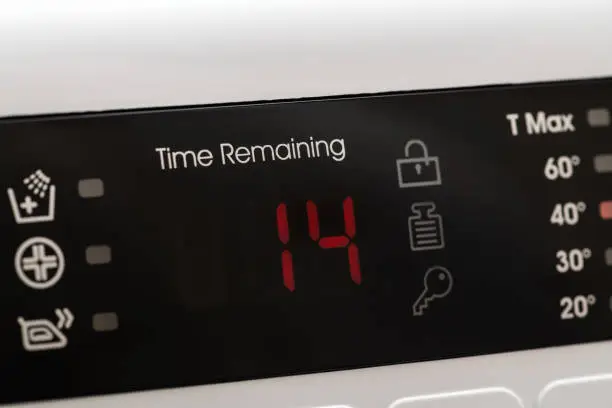 Photo of Washing machine display close up, time remaining 14 minutes during washing process. Abstract laundry programming backdrop.