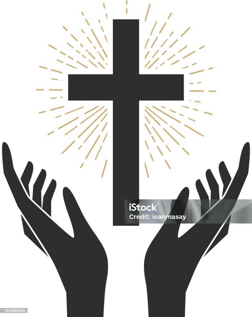 Hands With Shining Holy Cross Design Element For Label Emblem Sign ...