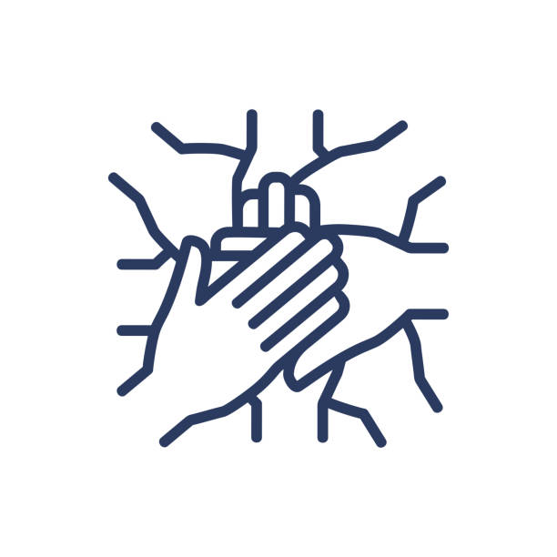 Team holding hands together thin line icon Team holding hands together thin line icon. Teamwork, success, work isolated outline sign. Friendship and partnership concept. Vector illustration symbol element for web design and apps unyielding stock illustrations