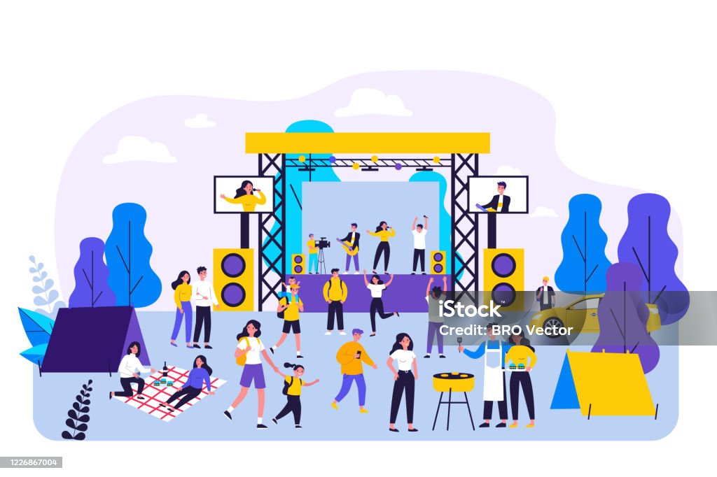 Outdoor rock concert and food festival Outdoor rock concert and food festival. Crowd of people listening to music in park, enjoying camping, picnic and barbecue. Vector illustration for open air party, leisure, event concept Concert stock vector