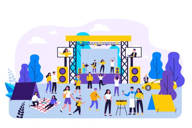 Vector illustration of Outdoor rock concert and food festival