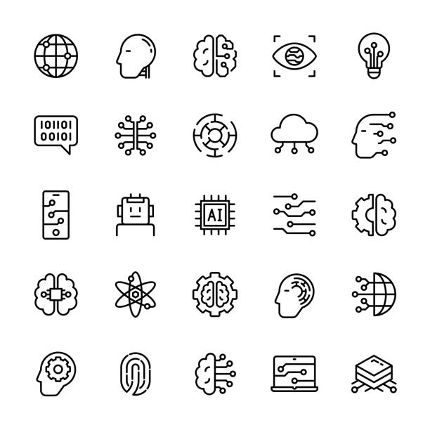 Artificial intelligence and Future robot technology 25 line icons Artificial intelligence and Future robot technology 25 line icons vector robotics stock illustrations
