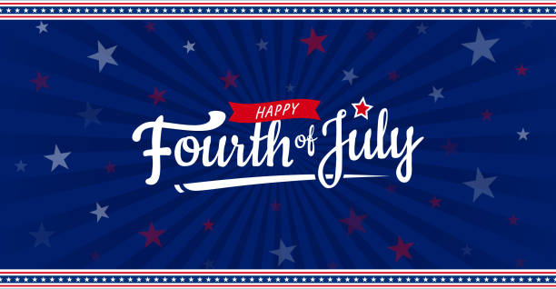Happy Fourth of July American independence day starburst greeting card use for sale banner, discount banner, advertisement banner, etc on dark blue background. Vector design. Independence Day is a federal holiday in the United States commemorating the Declaration of Independence of the United States, on July 4, 1776. 4th of july fireworks stock illustrations