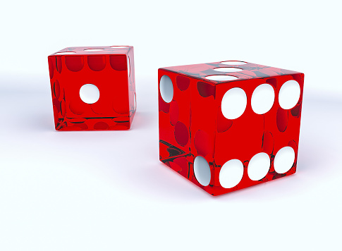 Red casino dices, 3d rendered looking like shiny transparent glas.