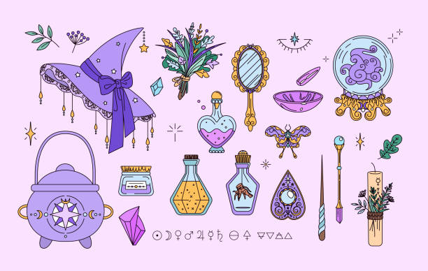 Witchcraft collection in line style. Isolated set of sorcery and wizard elements. Kit for good witch - hat, small cauldron, magic wands, crystal ball. Idea for fairy badges, stickers, print Isolated set of magic elements. Witchcraft collection good witch items mirror object drawings stock illustrations