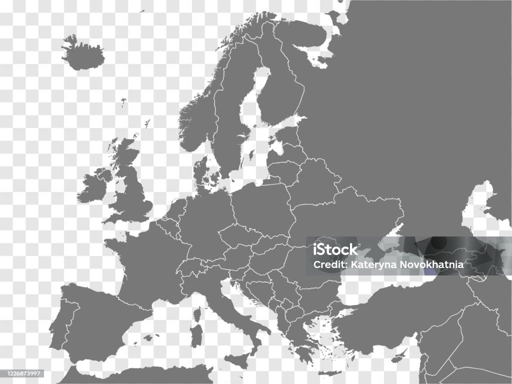 유럽 벡터를 매핑합니다. 투명 한 배경에 회색 유사한 유럽 지도 빈 벡터입니다.  회색 유사한 유럽지도 모든 국가와 터키, 이스라엘, 아르메니아, 조지아, 아제르바이잔의 국경. EPS10. - 로열티 프리 유럽 벡터 아트