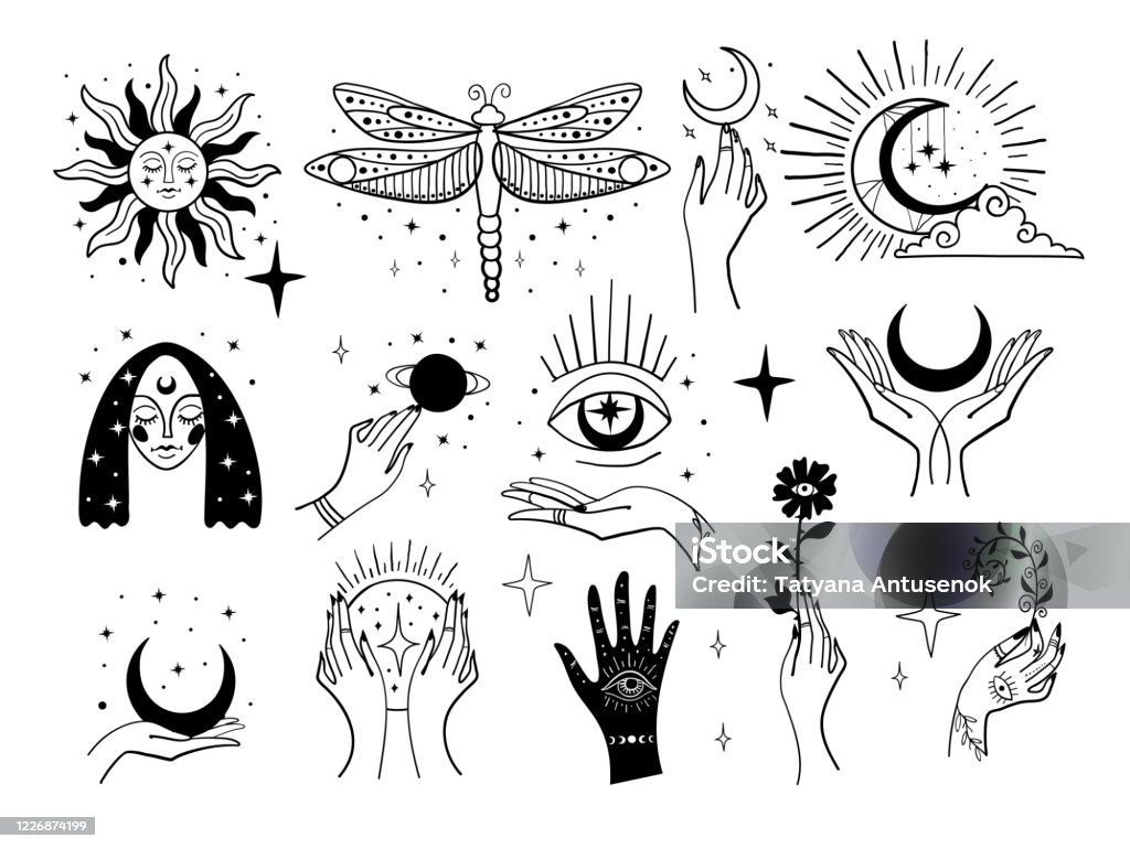 Set Of Magic Symbols Witch Tattoos Crescent Moon Sun With Face Hands With  Plants Magic Ball And Stars Black Linear Sketch Boho Design Modern Vector  Illustration Stock Illustration - Download Image Now -