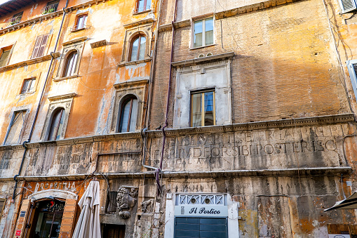 Rome, Italy, May 22 - The Portico d'Ottavia street in the heart of the Jewish ghetto of Rome, an ancient district built during the imperial age between the Campidoglio (Roman Capitol Hill) and the Tiber River. Image in HD format