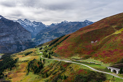 Scenic aerial view of  winding road through Norwegian highlands  in summer