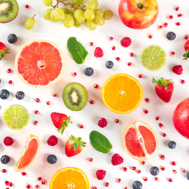 istock Fresh summer fruit, a flatlay on a white background, vibrant food design, overhead square shot 1226879297
