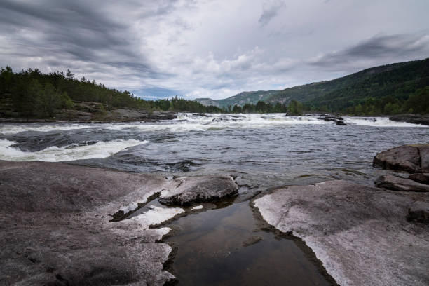River landscape wide and wild current at otra river Norway