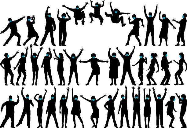 마스크와 매우 상세한 행복한 사람들 - jumping business women dancing stock illustrations