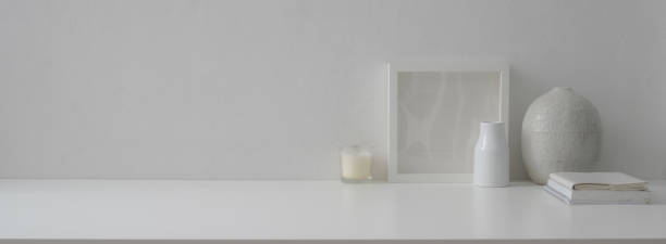 istock Minimal home interior design with copy space, notebooks, candle and decorations 1226881759