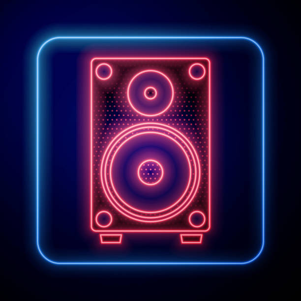 illustrazioni stock, clip art, cartoni animati e icone di tendenza di icona dell'altoparlante stereo al neon incandescente isolata su sfondo blu. altoparlanti del sistema audio. icona musica. apparecchiature per bassi per altoparlanti a colonna musicale. illustrazione vettoriale - natural column