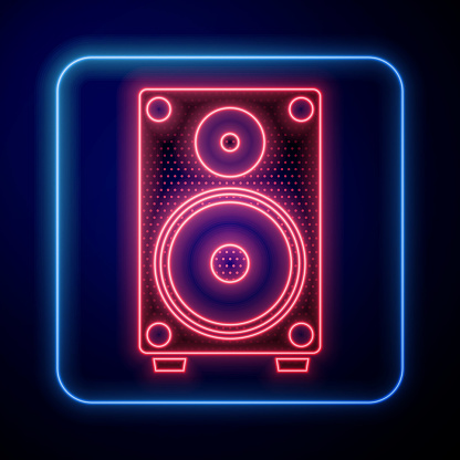 Glowing neon Stereo speaker icon isolated on blue background. Sound system speakers. Music icon. Musical column speaker bass equipment. Vector Illustration