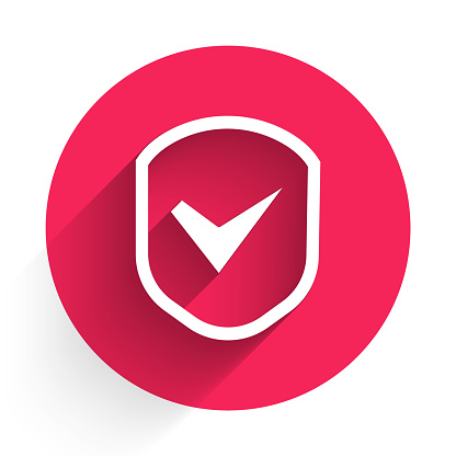White Shield with check mark icon isolated with long shadow. Security, safety, protection, privacy concept. Tick mark approved. Red circle button. Vector Illustration