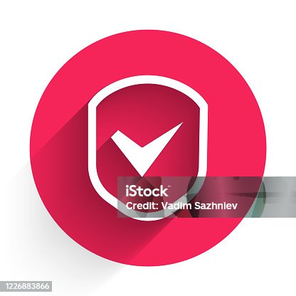 istock White Shield with check mark icon isolated with long shadow. Security, safety, protection, privacy concept. Tick mark approved. Red circle button. Vector Illustration 1226883866