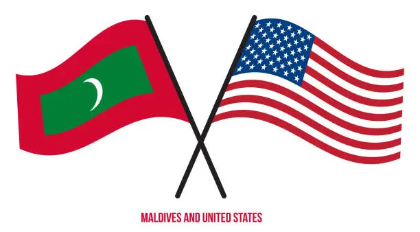 Vector illustration of Maldives and United States Flags Crossed And Waving Flat Style. Official Proportion. Correct Colors