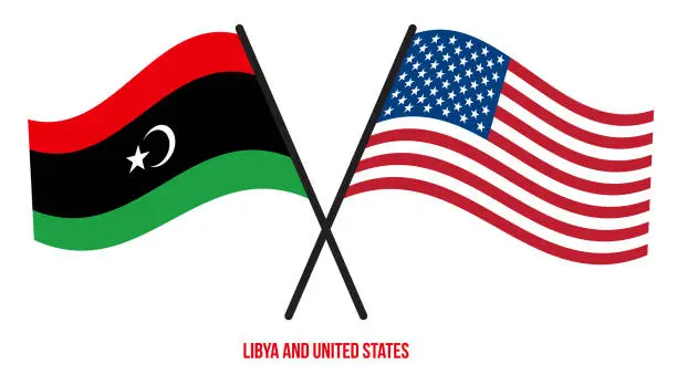 Vector illustration of Libya and United States Flags Crossed And Waving Flat Style. Official Proportion. Correct Colors