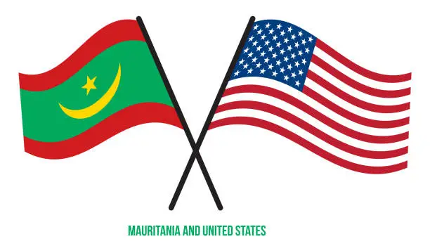 Vector illustration of Mauritania and United States Flags Crossed Flat Style. Official Proportion. Correct Colors
