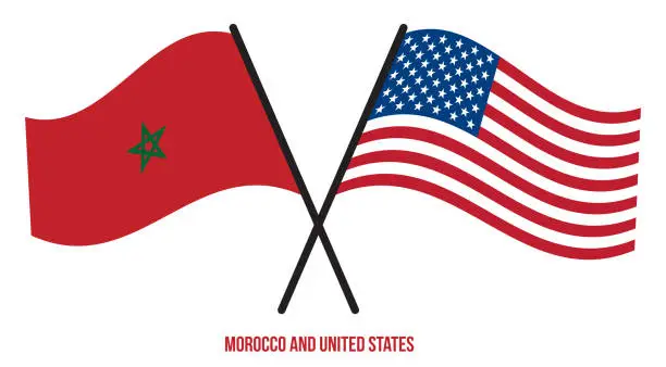 Vector illustration of Morocco and United States Flags Crossed And Waving Flat Style. Official Proportion. Correct Colors