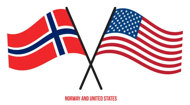 Vector illustration of Norway and United States Flags Crossed And Waving Flat Style. Official Proportion. Correct Colors