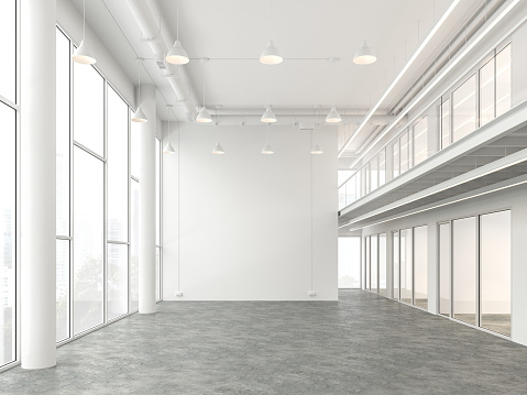Empty modern loft office space 3d render with white color and polished concrete floor there are large window that offer views of the city.