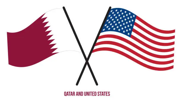 Vector illustration of Qatar and United States Flags Crossed And Waving Flat Style. Official Proportion. Correct Colors