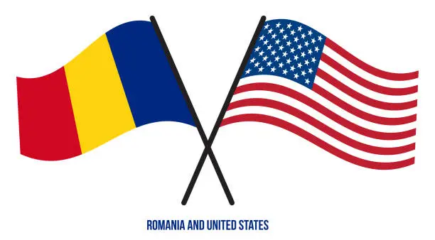 Vector illustration of Romania and United States Flags Crossed And Waving Flat Style. Official Proportion. Correct Colors