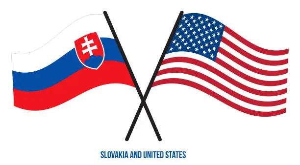Vector illustration of Slovakia and United States Flags Crossed And Waving Flat Style. Official Proportion. Correct Colors