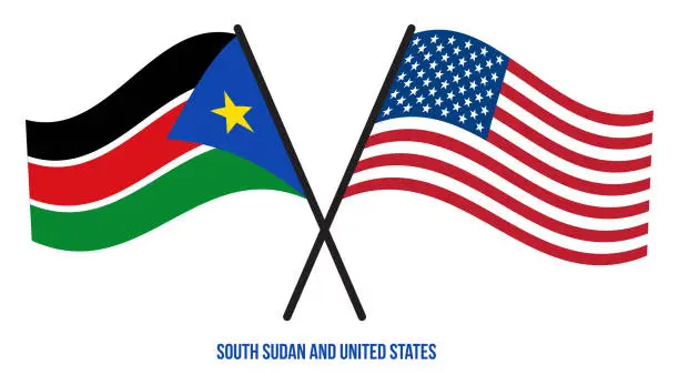 Vector illustration of South Sudan and United States Flags Crossed Flat Style. Official Proportion. Correct Colors