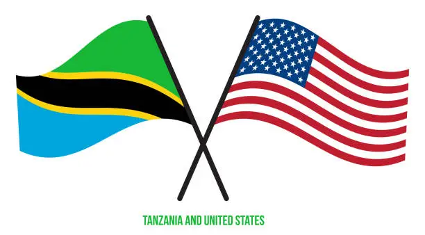 Vector illustration of Tanzania and United States Flags Crossed And Waving Flat Style. Official Proportion. Correct Colors