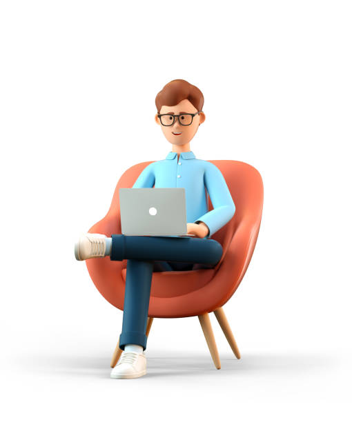 3d-illustration von lächelnden glücklichen mann mit laptop im sessel sitzen. cartoon geschäftsmann im büro arbeiten und mit sozialen netzwerken, isoliert auf weißem hintergrund. - cartoon 3d stock-fotos und bilder