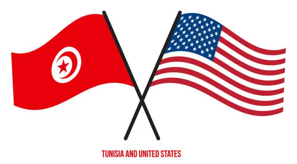 Vector illustration of Tunisia and United States Flags Crossed And Waving Flat Style. Official Proportion. Correct Colors