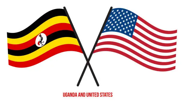 Vector illustration of Uganda and United States Flags Crossed And Waving Flat Style. Official Proportion. Correct Colors