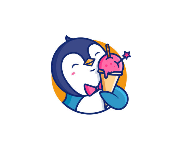logo głowy pingwina z lodami. symbol żywności - facial expression small empty joy stock illustrations