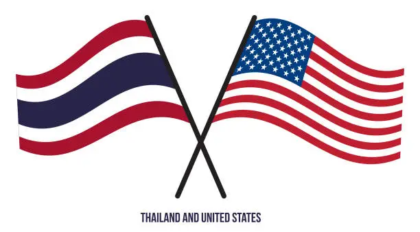 Vector illustration of Thailand and United States Flags Crossed And Waving Flat Style. Official Proportion. Correct Colors